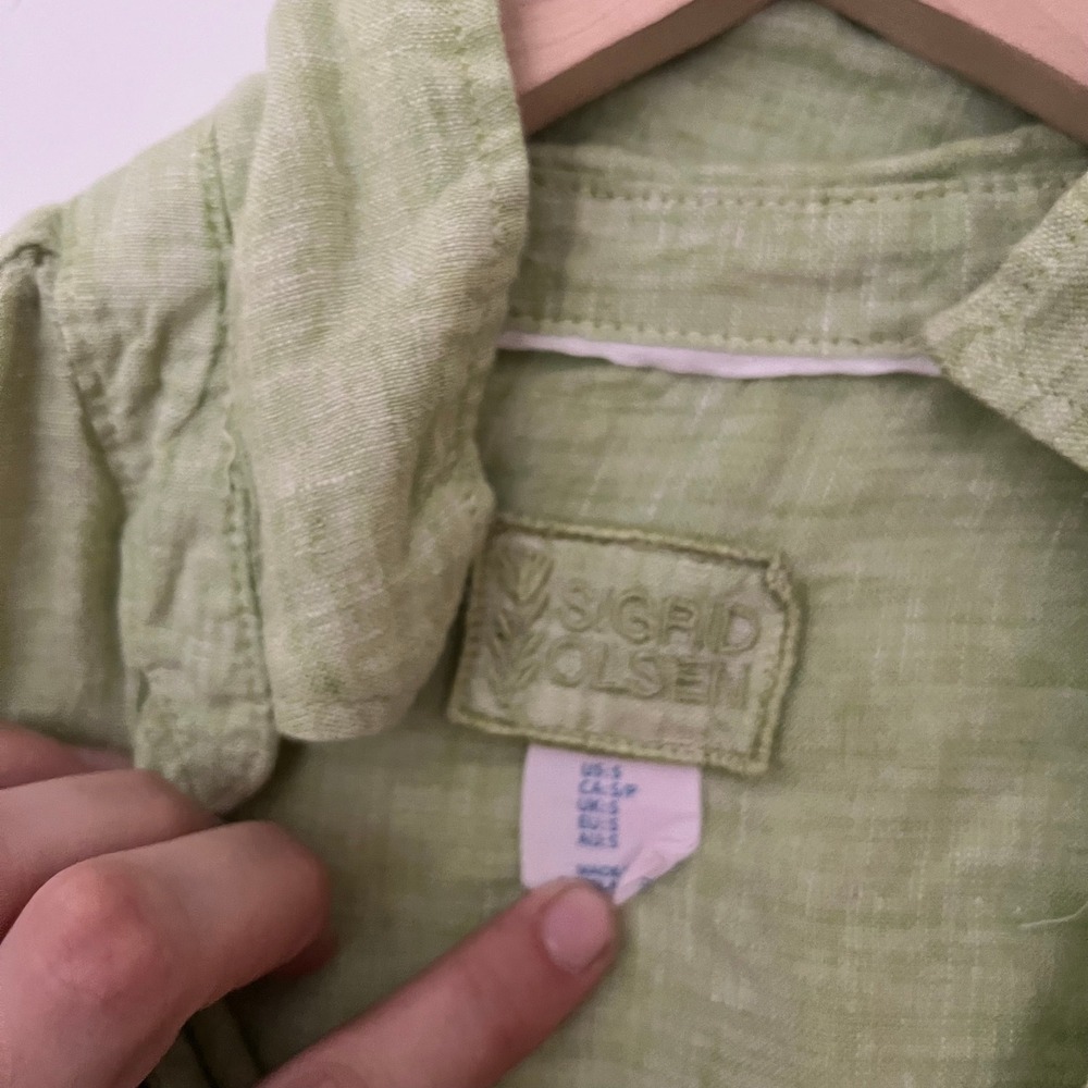 Sigrid Olsen Womens Small Lime Green 100% Linen Button Down Up Roll Sleeve Shirt - Picture 6 of 10